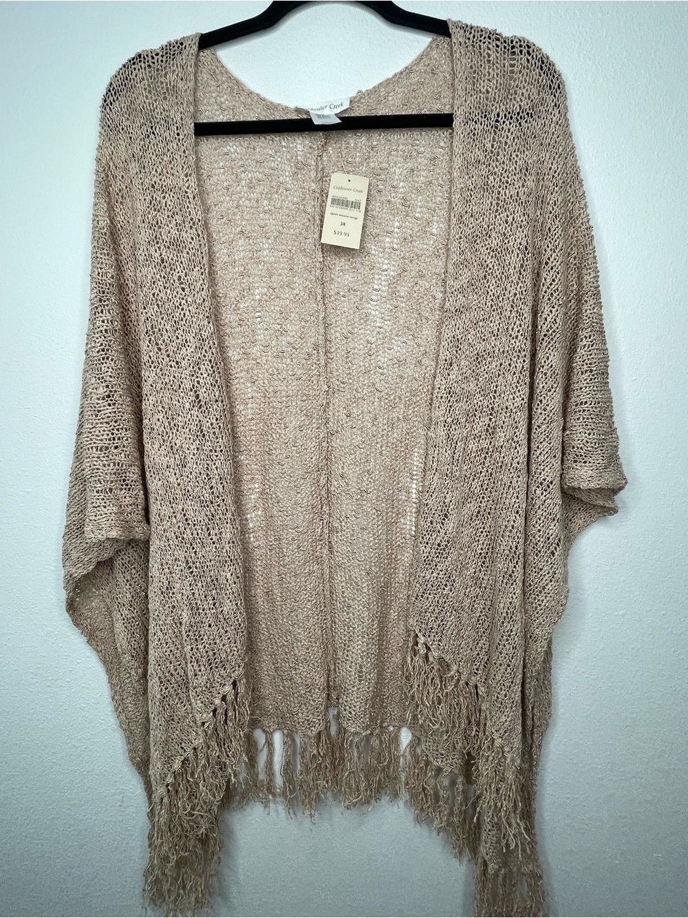Coldwater Creek Lightweight Beige Open Knit Fringe Cardigan Wrap One Size NWT